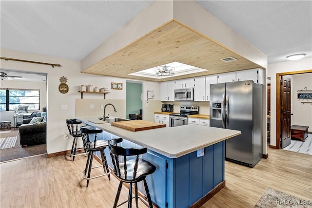 kitchen featuring sink, kitchen peninsula, a breakfast bar, white cabinets, and appliances with stainless steel finishes