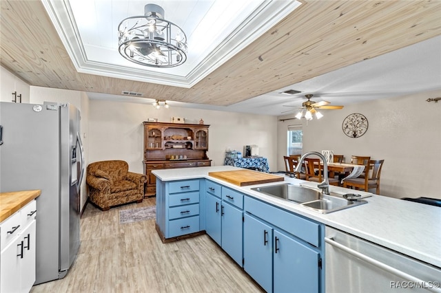 kitchen featuring decorative light fixtures, sink, wooden ceiling, and stainless steel appliances