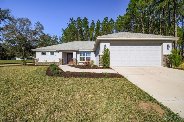 view of front of house with a yard and a garage