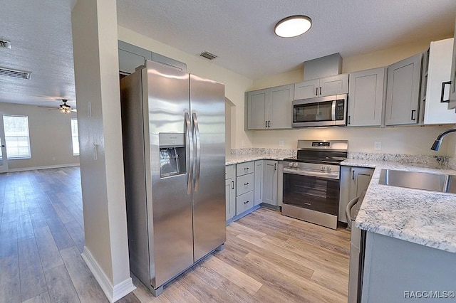 kitchen featuring a textured ceiling, gray cabinets, stainless steel appliances, and sink