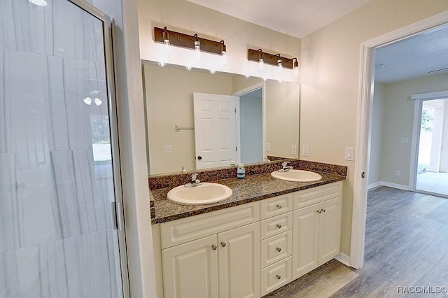 bathroom featuring walk in shower, vanity, and wood-type flooring