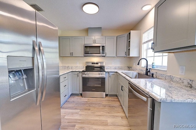 kitchen with light stone countertops, appliances with stainless steel finishes, sink, light wood-type flooring, and gray cabinetry