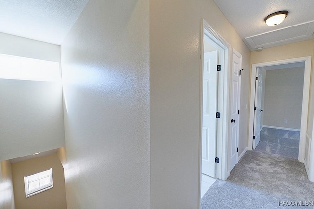 hall with light colored carpet and a textured ceiling