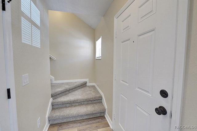 stairway with lofted ceiling and wood-type flooring