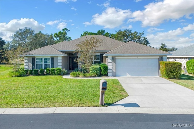 ranch-style home featuring a garage, driveway, roof with shingles, a front yard, and stucco siding