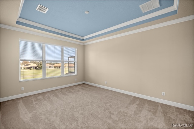 carpeted spare room featuring a tray ceiling and ornamental molding