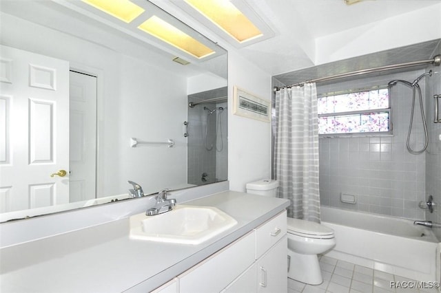 full bathroom with toilet, vanity, tile patterned flooring, and shower / bath combination with curtain