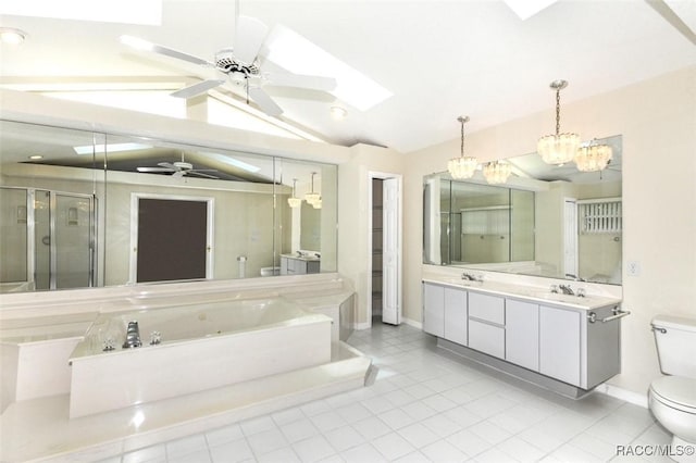 full bathroom featuring shower with separate bathtub, tile patterned flooring, vanity, and vaulted ceiling