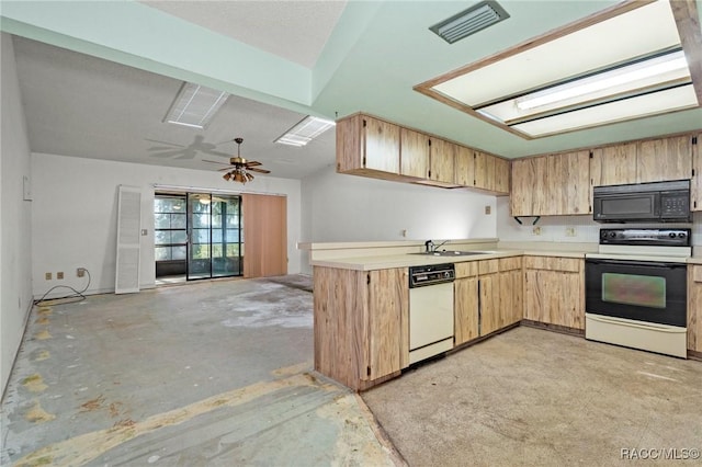 kitchen with sink, ceiling fan, white dishwasher, range with electric stovetop, and light brown cabinets