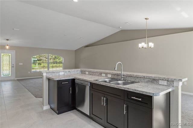 kitchen featuring light carpet, sink, pendant lighting, dishwasher, and lofted ceiling