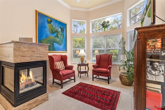 3915 N Grayhawk Loop, Lecanto, FL 34461 - living area featuring carpet flooring, crown molding, and a multi sided fireplace
