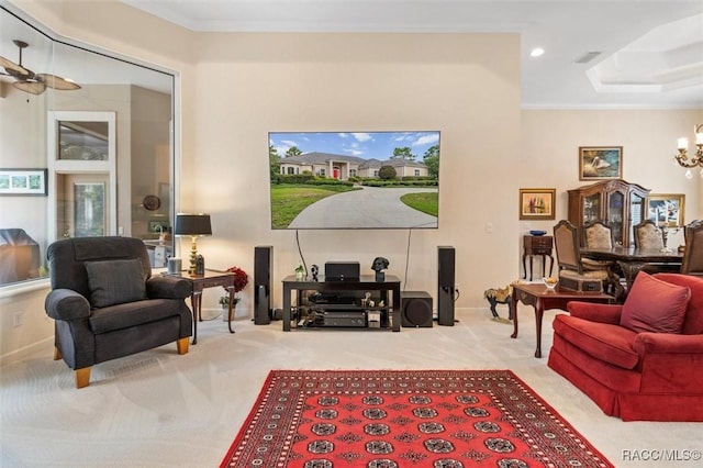 3915 N Grayhawk Loop, Lecanto, FL 34461 - carpeted living room with a chandelier, ornamental molding, and recessed lighting