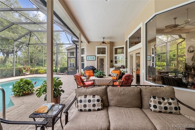 3915 N Grayhawk Loop, Lecanto, FL 34461 - sunroom / solarium featuring ceiling fan, outdoor lounge area, and french doors