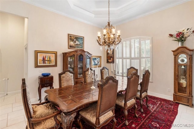 3915 N Grayhawk Loop, Lecanto, FL 34461 - dining space with a chandelier, crown molding, tile patterned flooring, and a tray ceiling