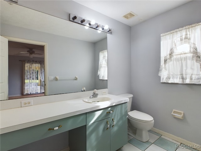 bathroom with tile patterned floors, vanity, ceiling fan, and toilet