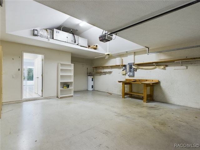 garage featuring a workshop area, electric panel, a garage door opener, and water heater