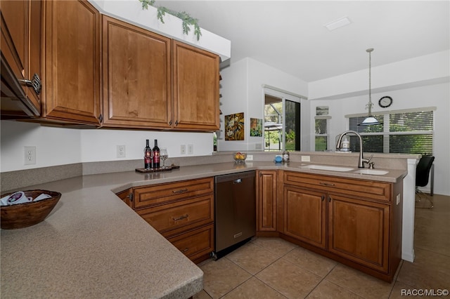 kitchen with sink, stainless steel dishwasher, kitchen peninsula, decorative light fixtures, and light tile patterned flooring