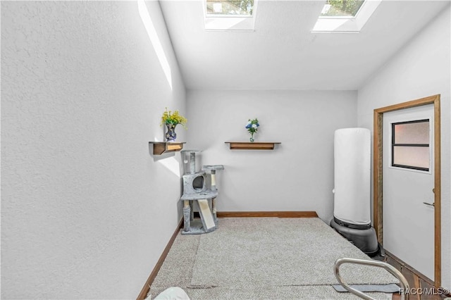 interior space featuring lofted ceiling with skylight