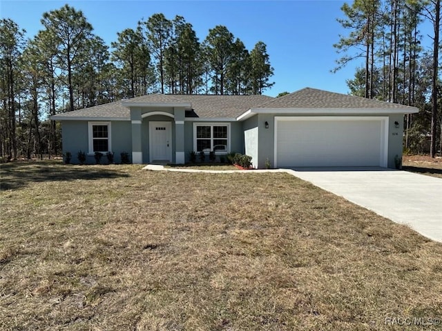 ranch-style house with stucco siding, driveway, a shingled roof, a front yard, and an attached garage