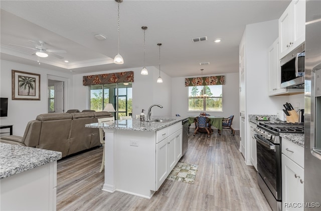 kitchen with white cabinets, light stone counters, sink, and stainless steel appliances