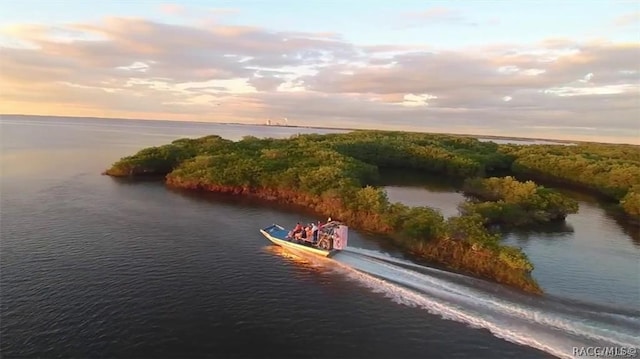 aerial view at dusk with a water view