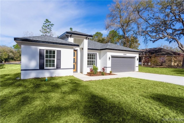 ranch-style house with roof with shingles, stucco siding, concrete driveway, an attached garage, and a front lawn