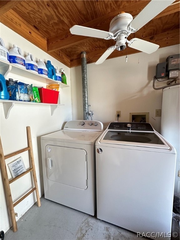 laundry area with separate washer and dryer, ceiling fan, and wooden ceiling