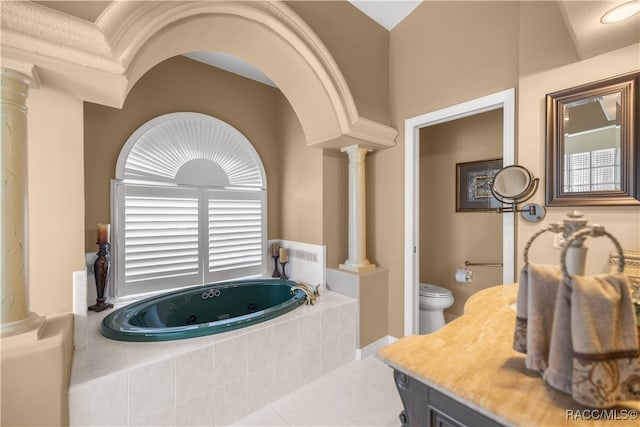 bathroom with tile patterned flooring, toilet, lofted ceiling, and tiled bath