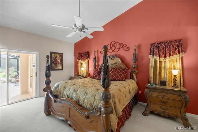 bedroom featuring access to exterior, ceiling fan, light colored carpet, and lofted ceiling