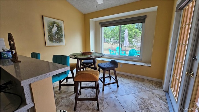 dining space featuring lofted ceiling and a textured ceiling