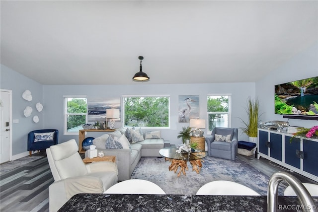 living room with plenty of natural light, wood-type flooring, and lofted ceiling