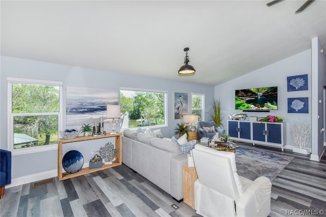 living room with vaulted ceiling and hardwood / wood-style flooring