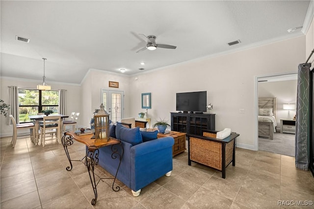 3153 N Chandler Dr, Hernando, FL 34442 - living room featuring ornamental molding, ceiling fan, french doors, and light tile patterned floors