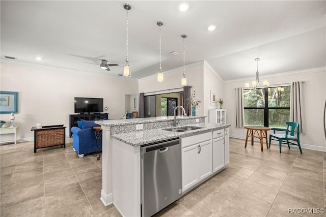 3153 N Chandler Dr, Hernando, FL 34442 - kitchen featuring dishwasher, crown molding, a chandelier, an island with sink, and light tile patterned flooring