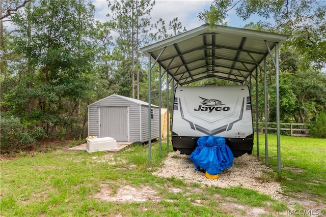 view of parking with a lawn and a carport