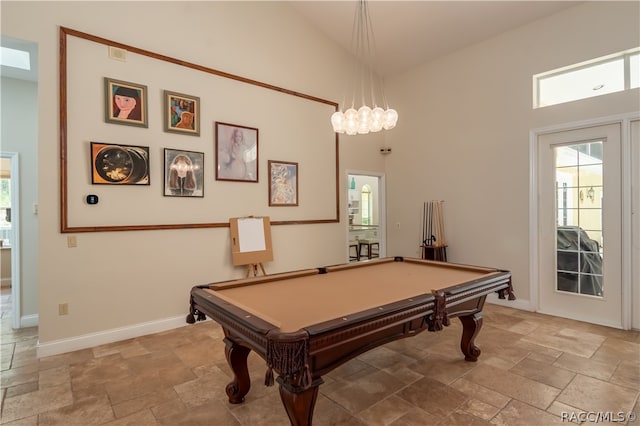 playroom featuring high vaulted ceiling and billiards