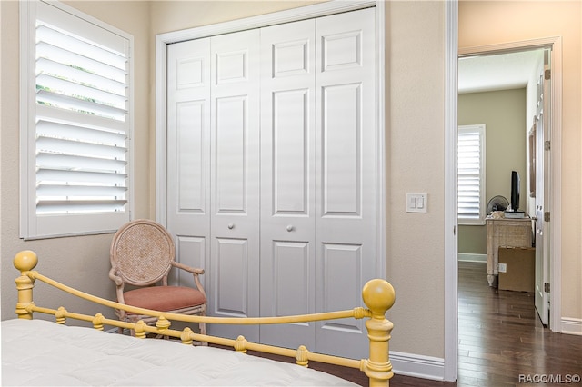 bedroom featuring dark hardwood / wood-style floors and a closet