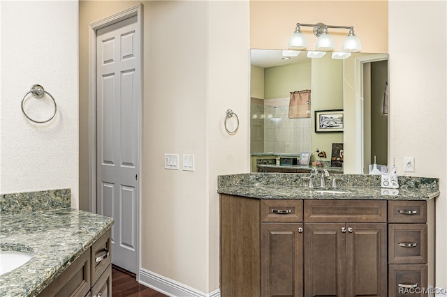 bathroom featuring vanity, wood-type flooring, and walk in shower