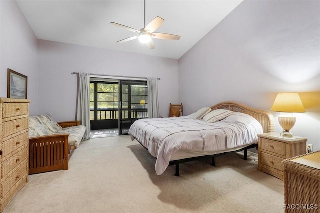 carpeted bedroom with ceiling fan, high vaulted ceiling, and access to outside