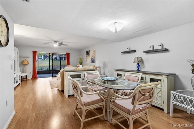 dining room with light hardwood / wood-style floors and ceiling fan