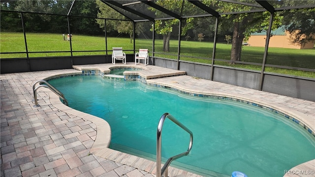 view of pool with glass enclosure, an in ground hot tub, and a patio