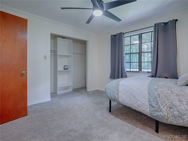 carpeted bedroom featuring a closet, ceiling fan, and crown molding