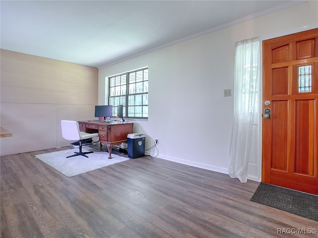 office featuring dark hardwood / wood-style floors and ornamental molding