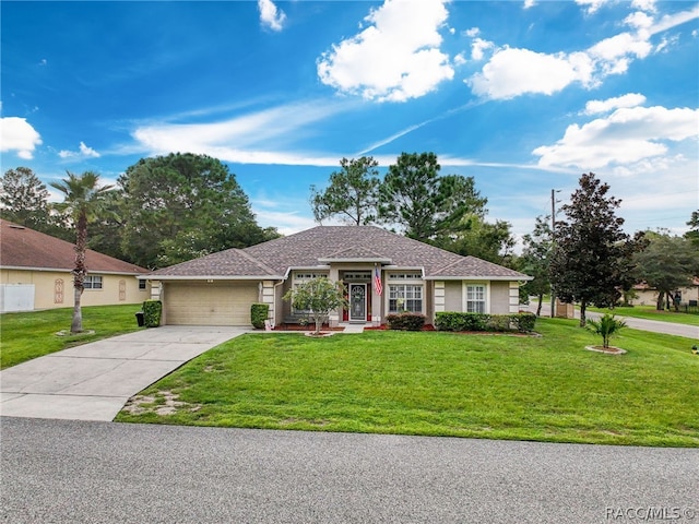 ranch-style house with a front yard and a garage