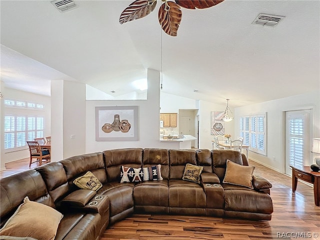 living room featuring wood-type flooring, vaulted ceiling, and a wealth of natural light