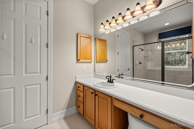 1789 N Sky Glen Path, Hernando, FL 34442 - bathroom with tile patterned floors, a shower stall, vanity, and baseboards