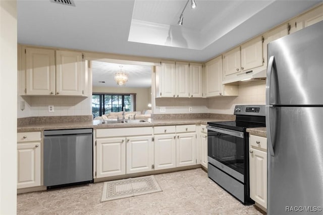 kitchen featuring sink, stainless steel appliances, an inviting chandelier, tasteful backsplash, and a raised ceiling