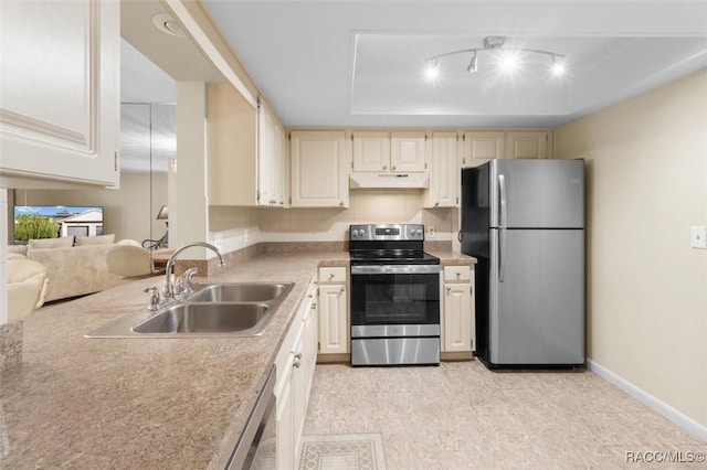 kitchen with backsplash, stainless steel appliances, a tray ceiling, and sink