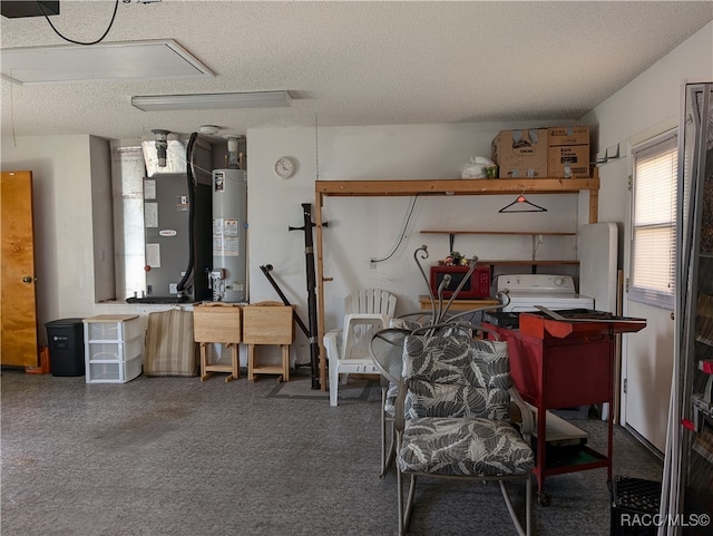 basement featuring carpet flooring, a textured ceiling, gas water heater, and heating unit