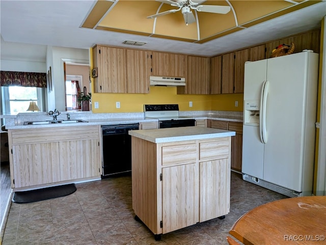 kitchen featuring dishwasher, white fridge with ice dispenser, a kitchen island, and range with electric cooktop